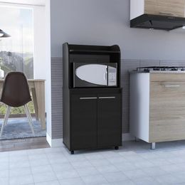 Kitchen Storage Kira Kart Double Door Cabinet One Open Shelf Two Interior Shelves -Black