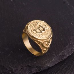 Punk Rock 14K Gold Bitcoin Round Rings For Men Rapper Jewelry Mens Signet Ring Charm Jewe 10