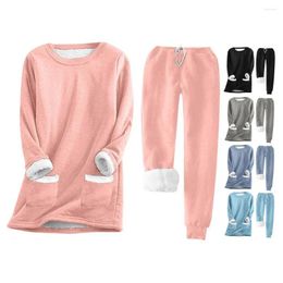Running Sets Women Two-piece Suit Cosy Fleece Lined Pyjama Set With Drawstring Waist Long Sleeved Pullover For Autumn Winter Ladies
