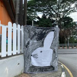 Cute Abstract Rabbit Blanket Ink Painting Design Pattern Living Room Tapestry Sofa Throw Travelling Air Conditioning 240103