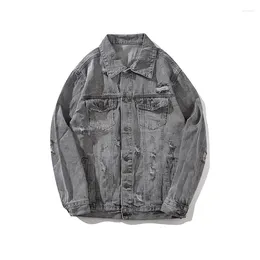 Men's Jackets 2024 Denim Clothes For Old Vintage Motorcycle High Quality Hip-hop Trend With Pure Colour Grey Hole M-XXL