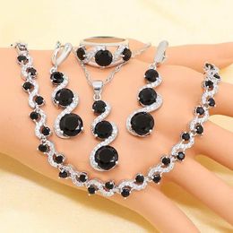 Other Xutaayi Sier Wedding Jewellery Sets for Women Flower Shape Black Zircon Bracelet Earrings Necklace Pendant Ring Gift Box