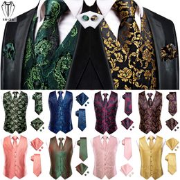 Vests HiTie Woven Silk Mens Vests Green Gold Red Purple Blue Black Gray Waistcoat Jacket Tie Hankerchief Cufflinks for Men Dress Suit