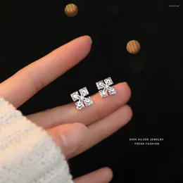 Stud Earrings 999 Sterling Silver For Women Sparkly Geometric Four-leaf Clover Simple Creative Jewellery Anniversary Gift