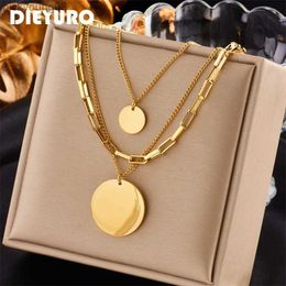 Pendant Necklaces DIEYURO 316L Stainless Steel Gold Color 3in1 Round Pendant Necklace For Women Fashion Girls Multilayer Chain Neck Jewelry Gift