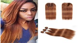 Brazilian Virgin Hair Colour 30 Light Auburn Straight Bundles With Lace Closure Brown Hair Extensions 3 Bundle Deals With Closure5441015