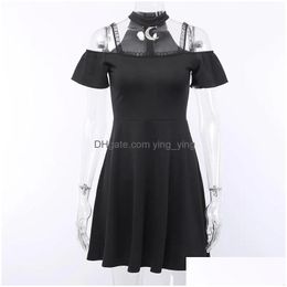 Basic Casual Dresses Gothic Black Sexy Women Halter Collar Short Sleeve Lace Slim Dress Goth Off Shoder Spaghetti Straps Party Min Dha1Y