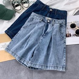 Women's Jeans High Waisted Shorts Summer Korean Fashion Wide Leg Office Ladies Knee Length Casual Trousers