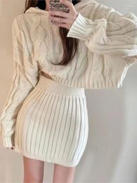 Work Dresses Sexy Knitted Sweater 2 Piece Set Women Cropped Hooded Long Sleeves Pullover Wrap Hip Mini Skirt Autumn Winter Solid Outifits