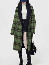 Women's Front Back Can Be Worn Green check pattern Woolen Coat Autumn Winter British Style Female Loose Suit Collar Long Jacket 240102