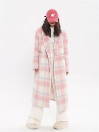 Women's Pink Cheque Pattern Suit Collar Woollen Coat Autumn Winter British Style Chic Female Loose Middle Long Outerwear Jacket 240102