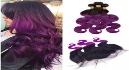 Peruvian Virgin Purple Ombre Human Hair With Frontal Closure 4Pcs Lot 13x4 Body Wave 1BPurple Two Tone Ombre Lace Frontal With Bu7449380