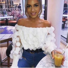 Fashion Elegant Slash Neck Puff Sleeve Blouse Women Patchwork Sexy See Through Chiffon 3D Flower Shirts Korean Tops 240102