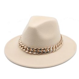 Fedora Hats for Women Men Wide Brim Thick Gold Chain Band Felted Hat Jazz Cap Winter Autumn Panama Red Luxury Hat Chapeau Femme 240103