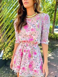 Dress Boho Inspired pink floral cotton mini dress women half sleeve pom embroidery summer dress new sweet party dress ladies