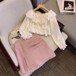 Work Dresses Women Sweet Y2k Suit Ruff White Shirt Top And Mini A Line Pink Skirt Two Piece Set Female 2 Mayching Outfits Sexy Clothes