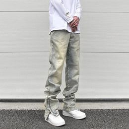 Streetwear Vibe Vintage Distressed Washed Trousers Jeans Yellow Mud Dyed Zipper Split Straight Mens and Womens Clothing 240102