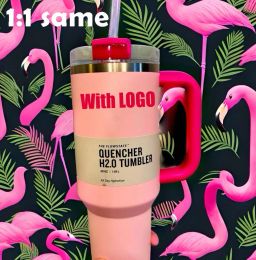 US Stock With LOGO Pink Flamingo Tumbler Quenching Agent H2.0 Replica 40oz Stainless Steel Cup Handle Lid and Straw 1:1 same Car Cup Water Bottle 0110