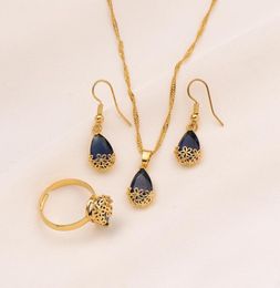 24K Yellow Gold GF Water Drop purple Crystal Necklace Pendant Earrings Ring cz big Rectangle Gem with Jewellery Set4032693