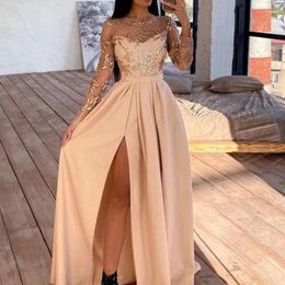 Casual Dresses Women Elegant Embroidery Lace Party Dress Autumn Fashion O-Neck High Slit Long Ladies Sexy Backless Beach Vestido
