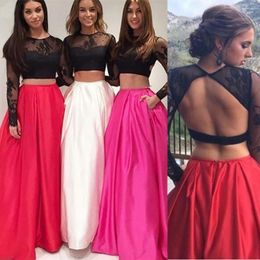 Party Dresses Red Evening Gown A-Line Two Piece Prom Dress With Pockets Round Neck Open Back Black Lace Long Sleeves