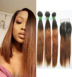 Malaysian T 1B30 Dark Root Medium Auburn Straight Ombre Human Hair Weave 3 Bundles with 4x4 Lace Closure Malaysian Virgin Hair Ex6553509