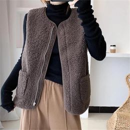 Women's Vests Women Sleeveless Zipper Up Vest Jackets Coat Winter Fall Solid Colour Thick Fuzzy Fleece Outerwear Waistcoat With Pockets 066C