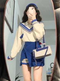 Work Dresses 2024 Autumn Fashion Suits Chic Japanese Long Sleeve Y2k Two Piece Dress Set Female Casual Blouse Blue High Waist Mini Skirts