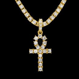 Egyptian Ankh Key of Life Necklaces Mens Iced out Bling crystal Cross Pendant Gold Silver Tennis chain For women Rapper Hip Hop Je259g