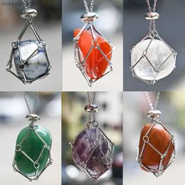 Pendant Necklaces Natural Crystal Amethyst Dongling Jade Adjustable Necklace Original Stone Mesh Pocket Metal Bamboo Knot Necklace Woven Pendant