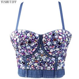 T-Shirt Female Winter Short Crop Tank Woman Top With Cups Off Shoulder Strap Corset Top Sexy Ladies Acrylic Denim Nightclub Clothing