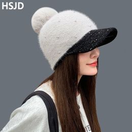 Female Beanies Rabbit Hair Stripe Knitted Hats Winter Visor Hat Thick Warm Skullies Beanies Winter Hats For Women Soft Bonnet 240103