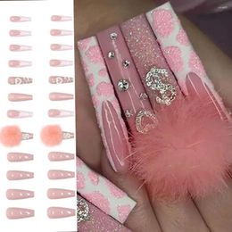 False Nails 24pcs Detachable Press On DIY Full Cover Pink Fur Ball Ballerina Long French Fake