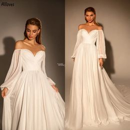 Graceful Off The Shoulder A Line Wedding Dresses Boho Garden Long Sleeves Pleats Bridal Gowns Court Train Plus Size Bride Reeption Party Dress Robes de Mariee CL3151