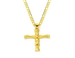 14k Solid Gold GF 3mm Italian Figaro Link Chain Necklace 24" Jesus Crucifix Pendant Womens Mens3465663