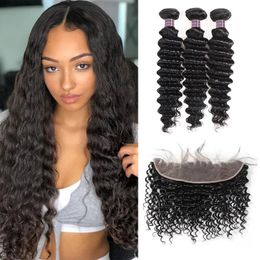 Wefts Ishow Indian Virgin Human Hair Bundles With Closure 8A Brazilian 3Bundles with 13*4 Lace Frontal Deep Wave Extensions 828inch for