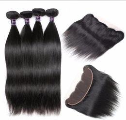 Wefts Brazilian Hair Straight With Lace Frontal Closure Human Hair Bundles with Frontal 4pcs With 13x2.5 Ear to Ear Lace Frontal Closure