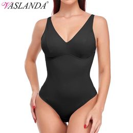 T-Shirt Deep V Neck Shapewear Bodysuit Thong Shaper for Women Waist Trainer Body Shaper Slimming Underwear Builtin Bra Camisoles Tops