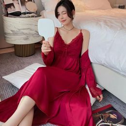 Women's Sleepwear Robes Kimono Spring Summer Thin Satin Pajamas Set Home Clothes Long Sleeve Robe Nightgowns For Woman Nightdress Nighties