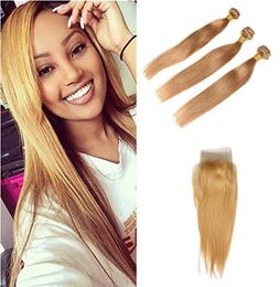 Brazilian Siky Straight Hair Bundles Pure 27 Honey Blonde Color Deal With Mixed Length 100 Human Hair Extensions4397601