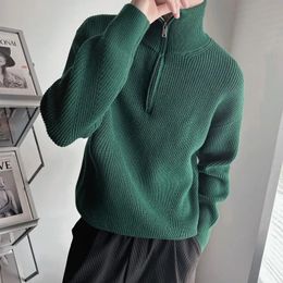 Knitted Sweaters for Men Zipper Plain Man Clothes Pullovers Green Zipup Solid Colour Collared Tops Overfit Jumpers S A Fun Ugly 240103