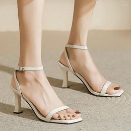 Sandals Rimocy Ankle Strap High Heeled Women Fashion Pu Leather Square Toe Sandles Woman Summer Buckle Party Pumps Shoes Female