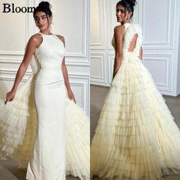 Party Dresses Bloom Sleeveless Backless Prom Pleated Tulle Tiered Long Tail Arabia Evening Wedding Gown