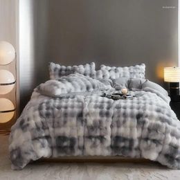 Bedding Sets Luxury Faux Fur Velvet Fleece Gradient Blue Grey Set Plush Soft Duvet Cover Flat/Fitted Bed Sheet Pillowcases