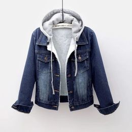 Plus Size S-5XL Autumn Winter Jacket Women Plus Thin Cashmere Hooded Denim Jackets Female Casual Short Jean Coat Jacket female 240103