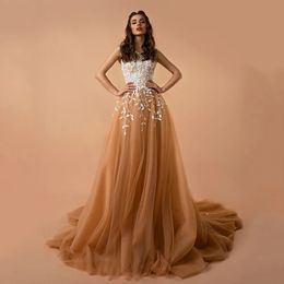 Champagne Tulle Prom Dress Princess Scoop Neck Appliques Lace Evening Dress Sleeveless Party Dresses
