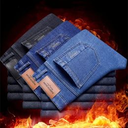 Mens Classic Fleece Warm Jeans Autumn Winter Thicken Velvet Slim Fit Business Fashion Casual Loose Stretch Cotton Denim Pants 240102