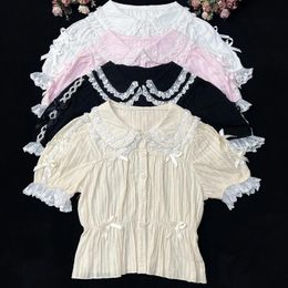 Shirts Sweet Lolita Blouse Girly Japan Kawaii Bow Lace Peter Pan Collar Short Sleeve Shirts Women White High Waist Slim Inside Blouses