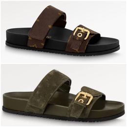 luxury Designer men womens Bom Dia Flat Comfort Mule Leather sandals Golden Buckle Summer Flip Flops slipper indoor outdoor slippers