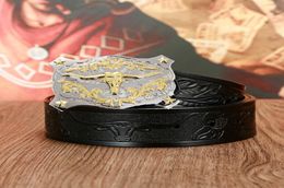 Western Cowboy Leather Belt Zinc Alloy Fighting Bull Head Attitude Buckle Men039s Gift Belts5226711